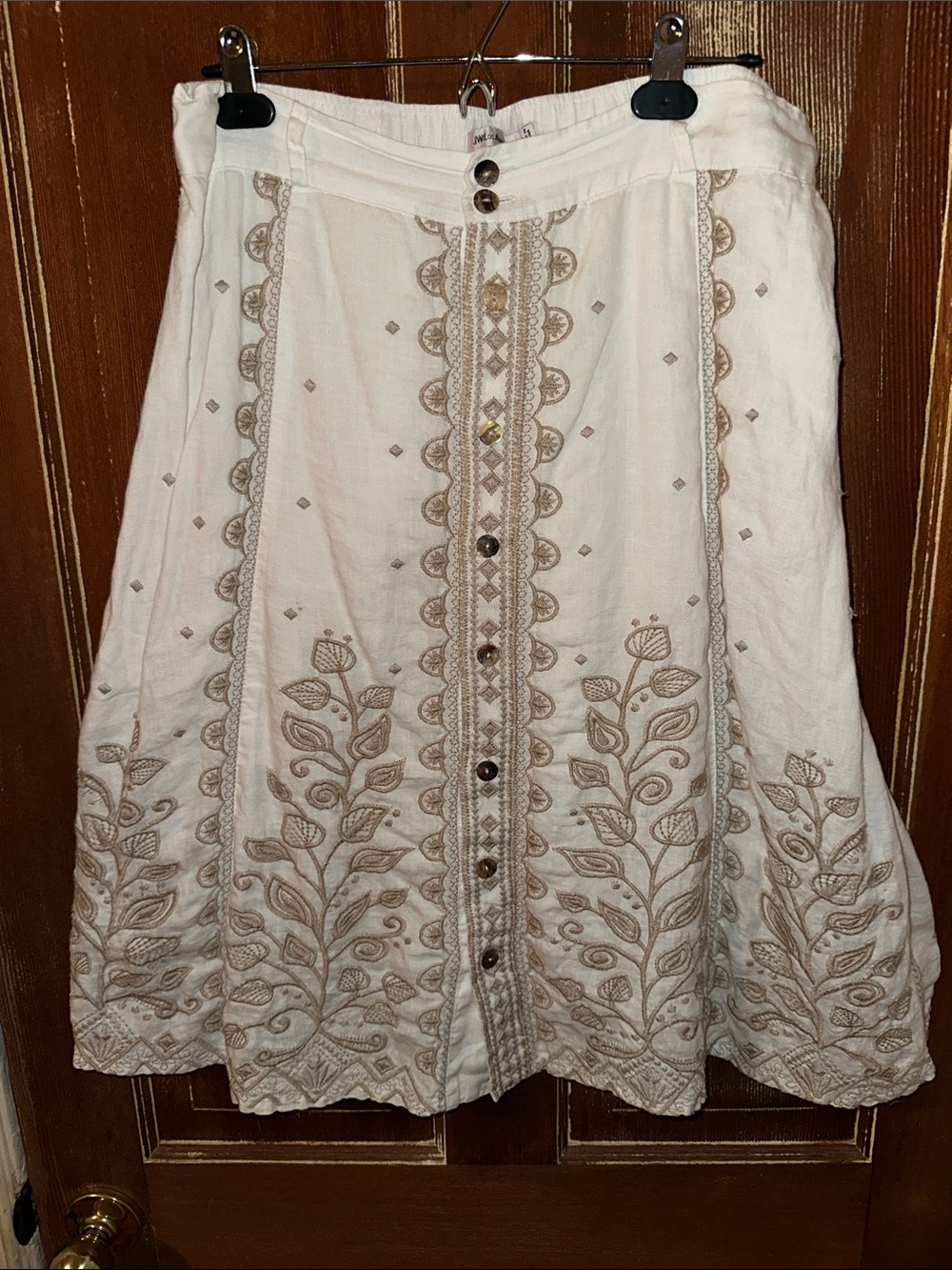 “Johnny Was” White Linen Embroidered A-Line Midi Skirt with Tan Floral Stitching